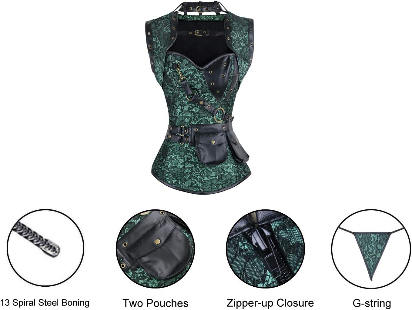 Charmian Womens Steampunk Spiral Steel Boned Vintage Retro Corset Tops BustierGreen