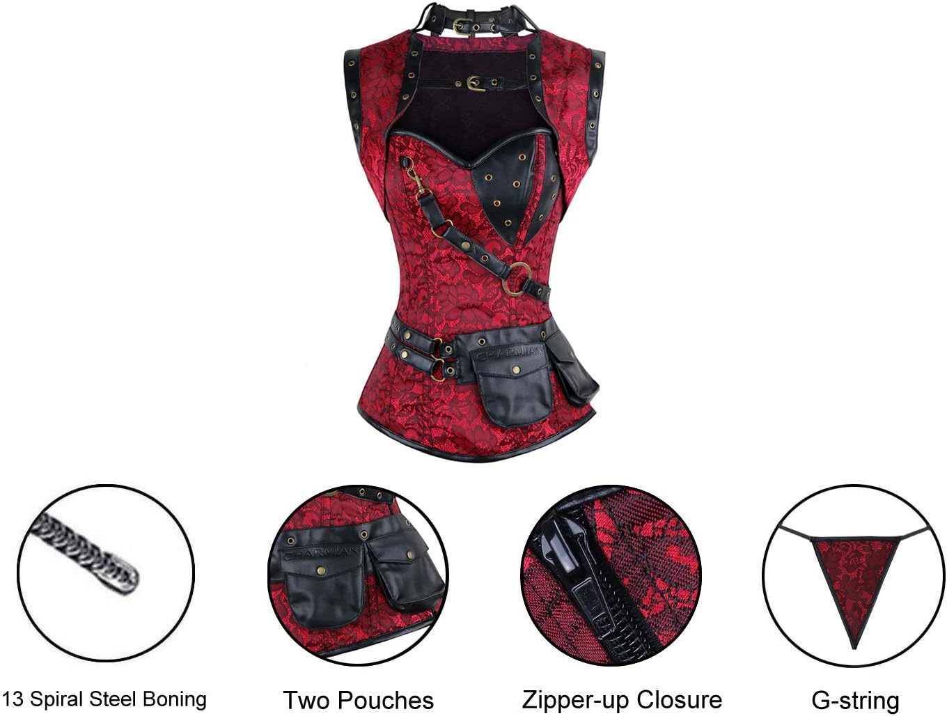 Charmian Womens Steampunk Spiral Steel Boned Vintage Retro Corset Tops BustierRed