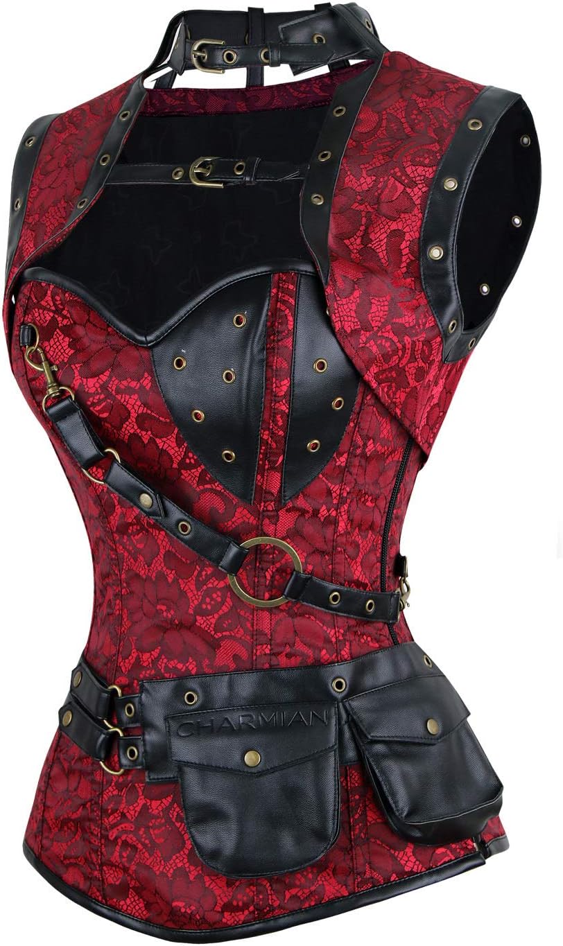 Charmian Womens Steampunk Spiral Steel Boned Vintage Retro Corset Tops BustierRed