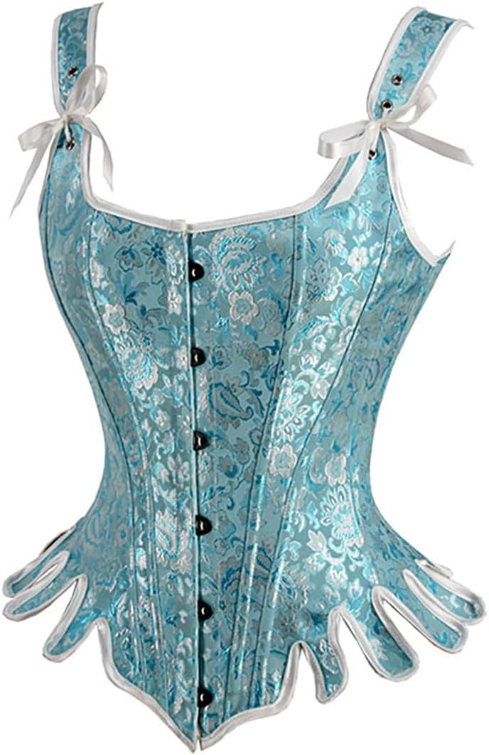 Charmian Womens Victorian Vintage Brocade Lace Up Bustier Overbust Corset TopBlueplastic Bones