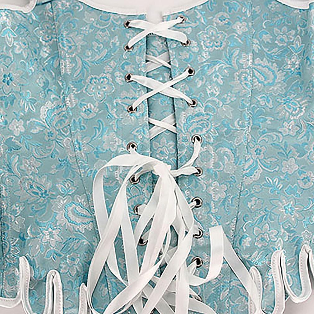 Charmian Womens Victorian Vintage Brocade Lace Up Bustier Overbust Corset TopBlueplastic Bones