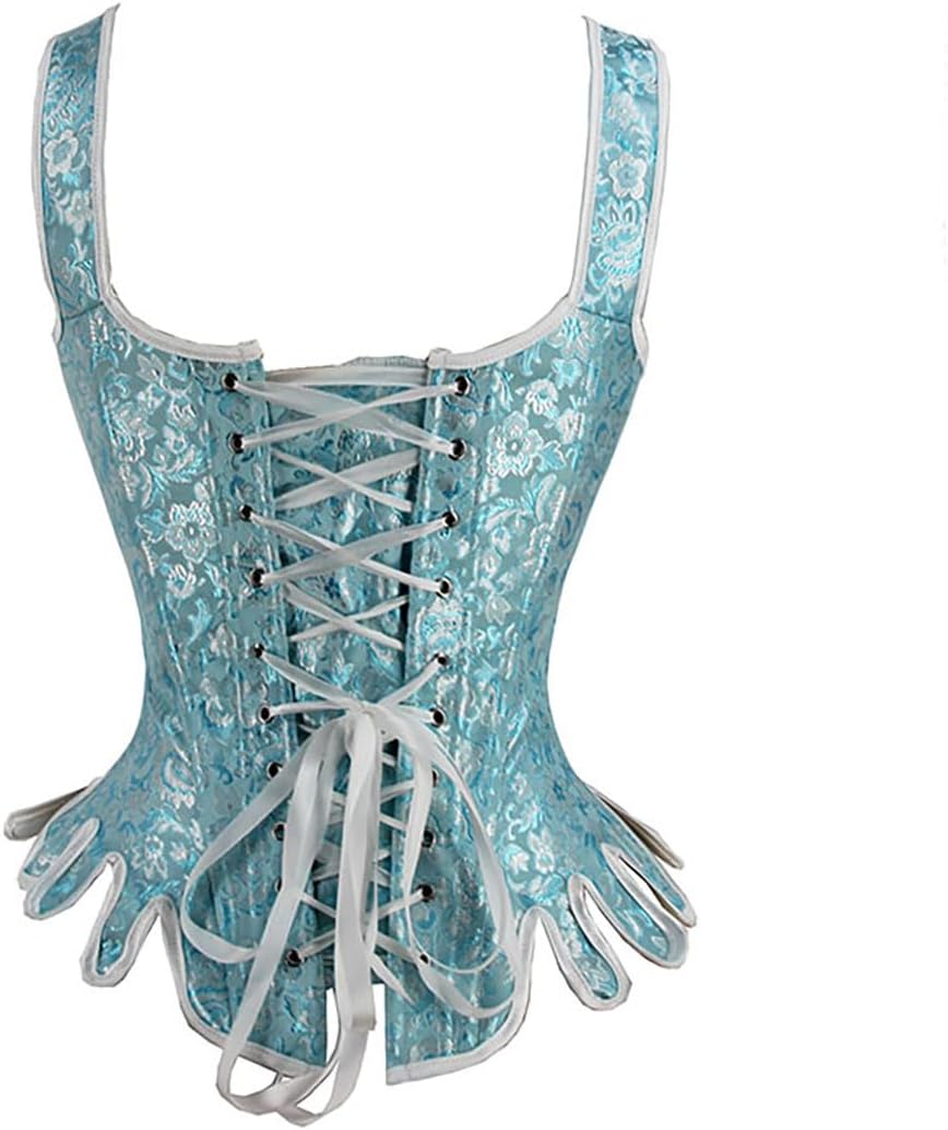 Charmian Womens Victorian Vintage Brocade Lace Up Bustier Overbust Corset TopBlueplastic Bones