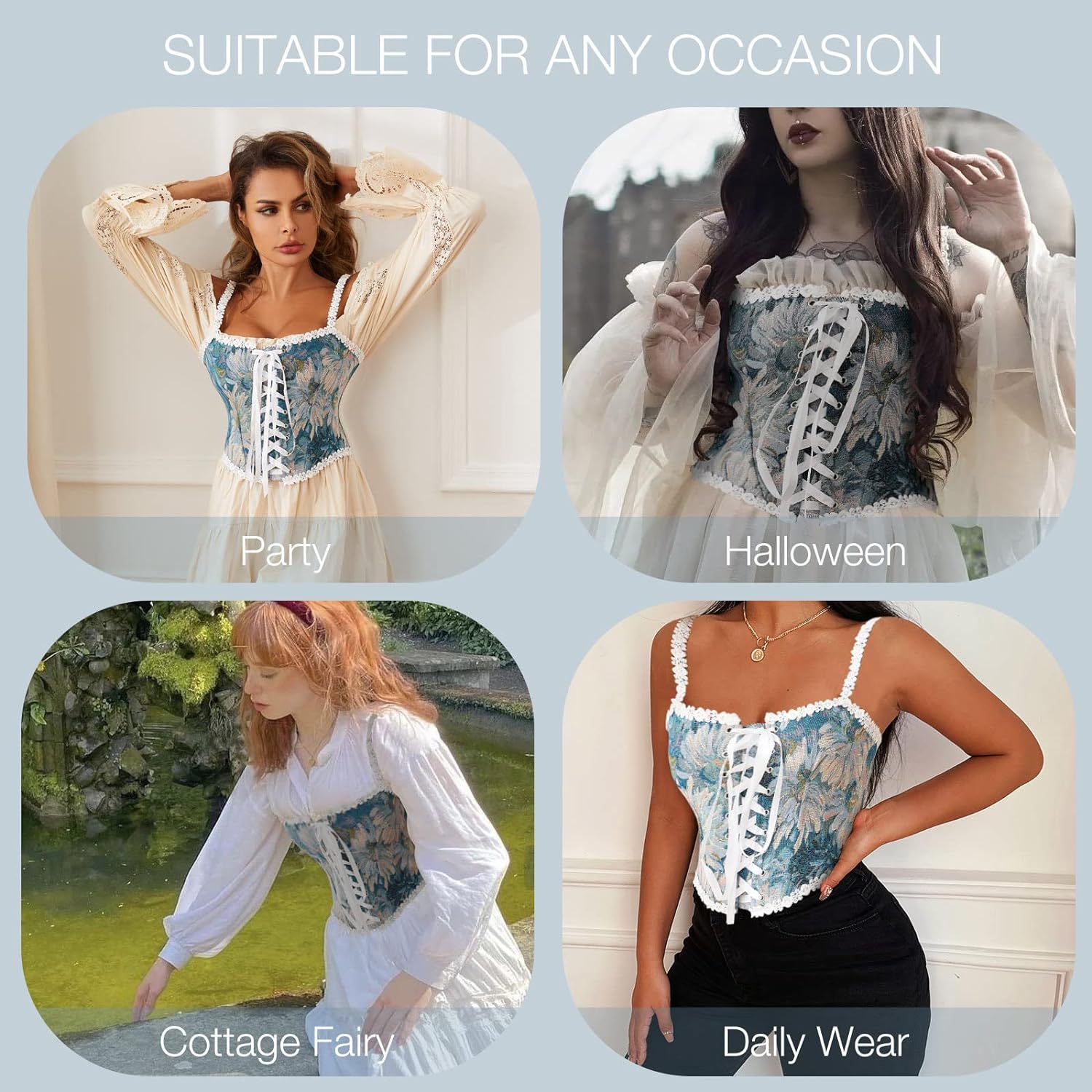 Charmian Womens Vintage Floral Jacquard Lace Up Renaissance Corset Camisole TopBlue