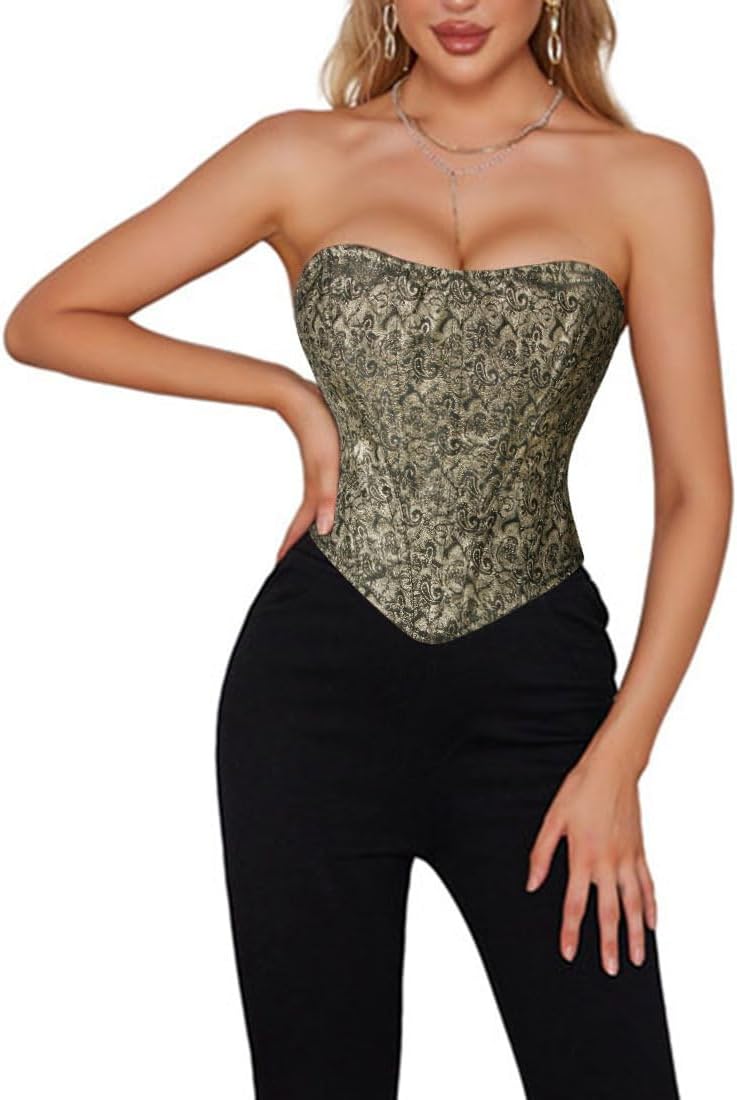 Charmian Womens Vintage Renaissance Floral Steel Boned Overbust Corset Crop TopMulticolored