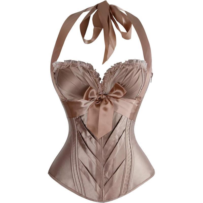 Charmian Womens Burlesque Vintage Satin Halter Boned Zipper Bustier Corset TopChampagne
