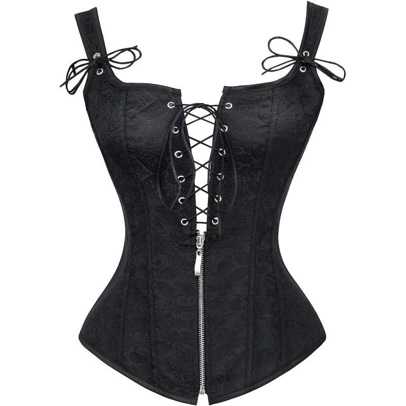 Charmian Womens Renaissance Lace Up Vintage Boned Bustier Corset with GartersBlackFloral