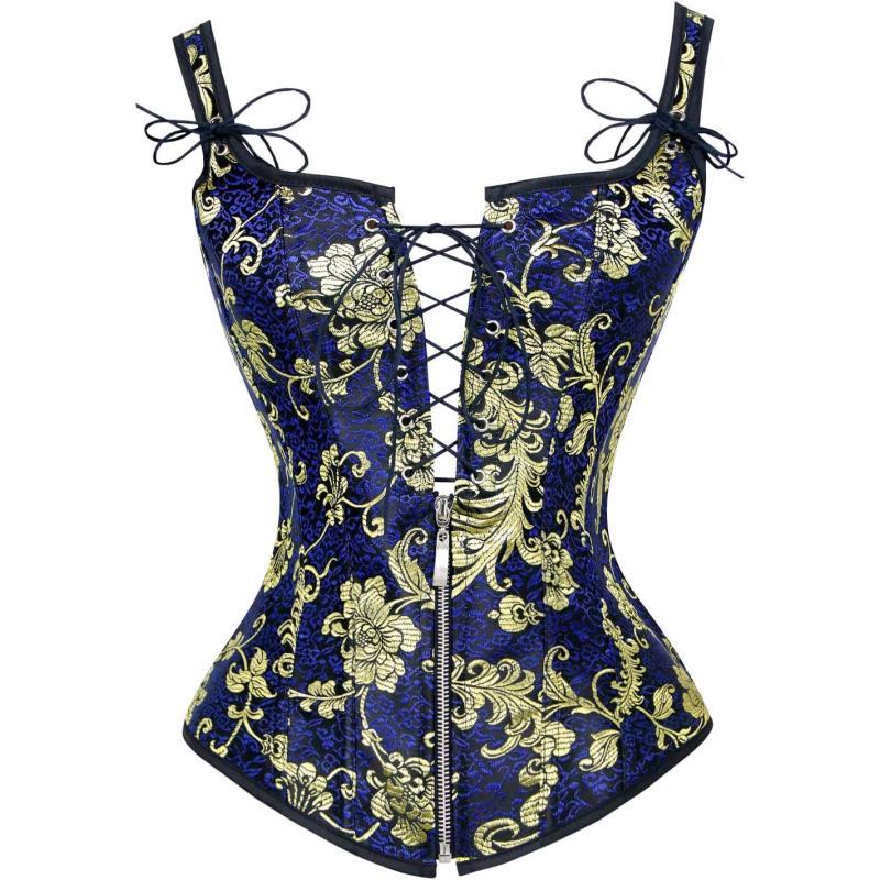 Charmian Womens Renaissance Lace Up Vintage Boned Bustier Corset with GartersBlue