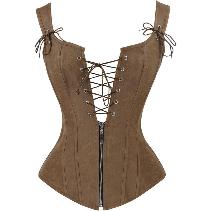 Charmian Womens Renaissance Lace Up Vintage Boned Bustier Corset with GartersBrown
