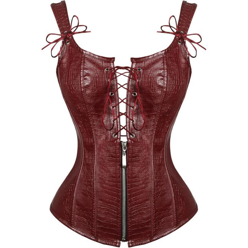 Charmian Womens Renaissance Lace Up Vintage Boned Bustier Corset with GartersBurgundyred