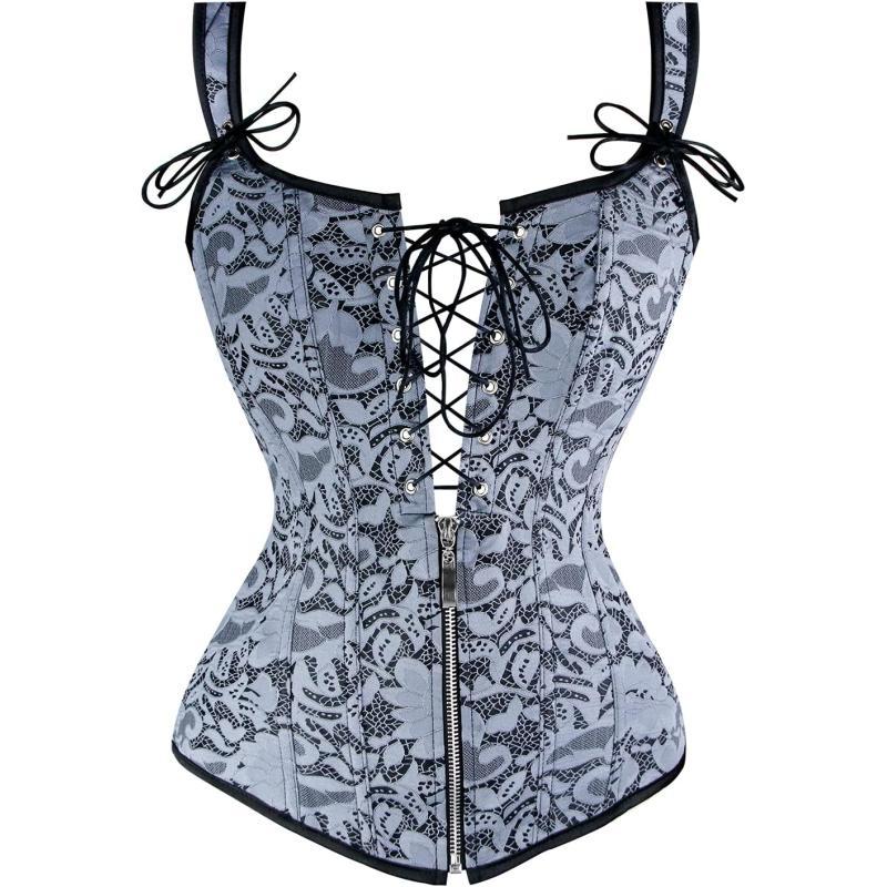 Charmian Womens Renaissance Lace Up Vintage Boned Bustier Corset with GartersGray
