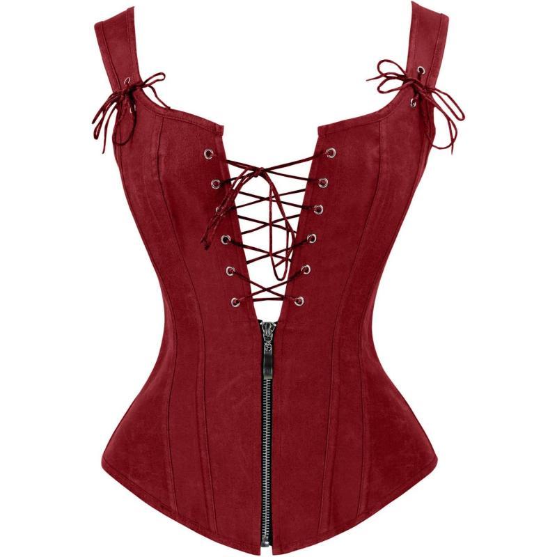 Charmian Womens Renaissance Lace Up Vintage Boned Bustier Corset with GartersRed