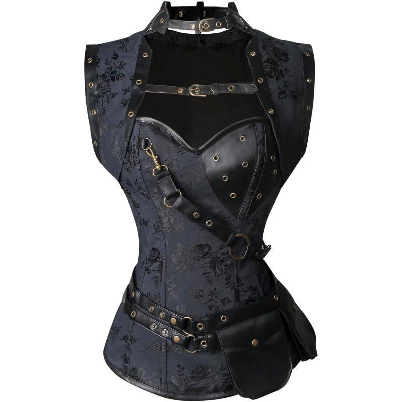 Charmian Womens Steampunk Spiral Steel Boned Vintage Retro Corset Tops BustierBlackRose Pattern