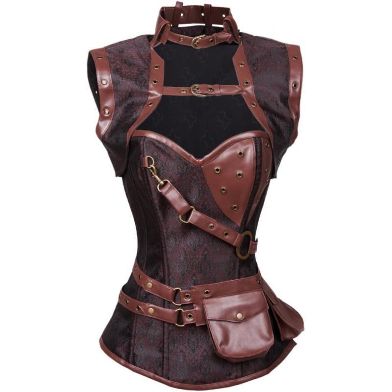 Charmian Womens Steampunk Spiral Steel Boned Vintage Retro Corset Tops BustierDarkbrown