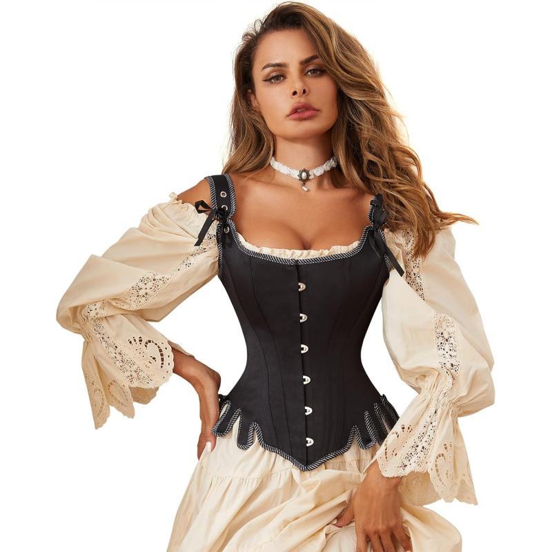 Charmian Womens Victorian Vintage Brocade Lace Up Bustier Overbust Corset TopBlack