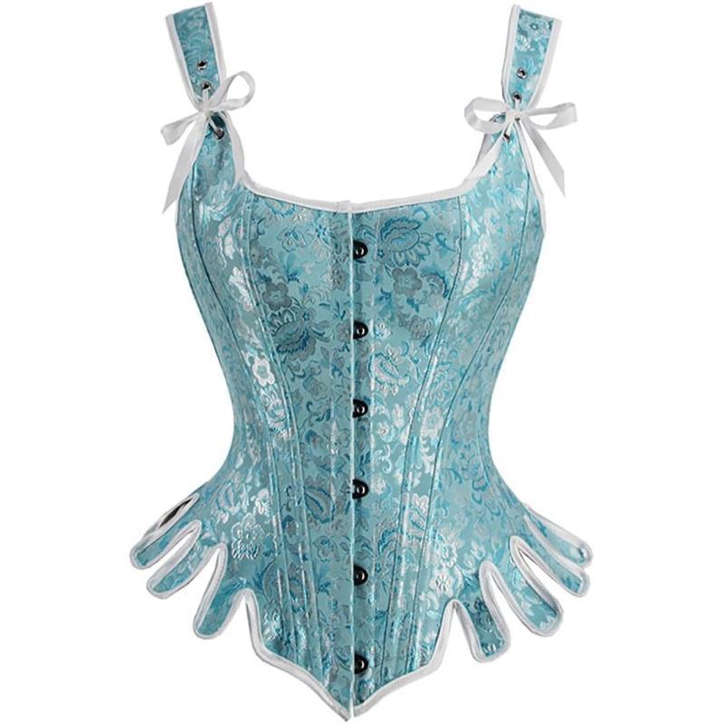 Charmian Womens Victorian Vintage Brocade Lace Up Bustier Overbust Corset TopBlueplastic Bones
