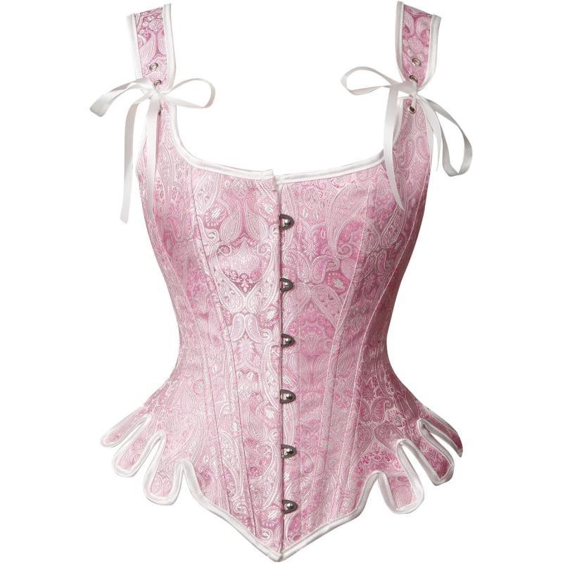 Charmian Womens Victorian Vintage Brocade Lace Up Bustier Overbust Corset TopPinkplastic Bones