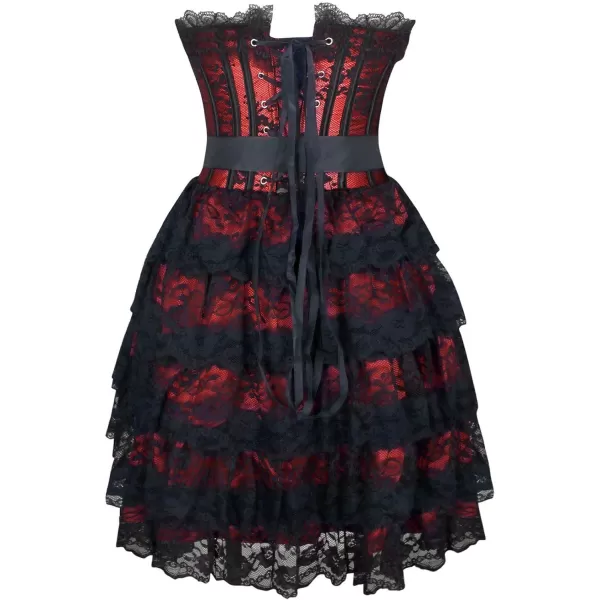 Charmian Burlesque Floral Lace Overlay Strapless Lace Up Bustier Corset DressRed