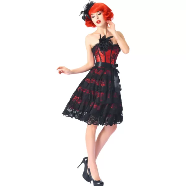 Charmian Burlesque Floral Lace Overlay Strapless Lace Up Bustier Corset DressRed