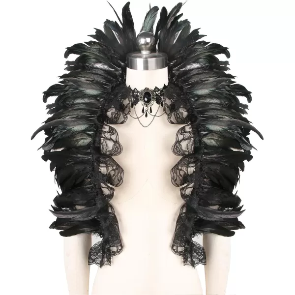 Charmian Gothic Feathers Shawl Halloween Cape Accessories with Red Rose NecklaceBlack