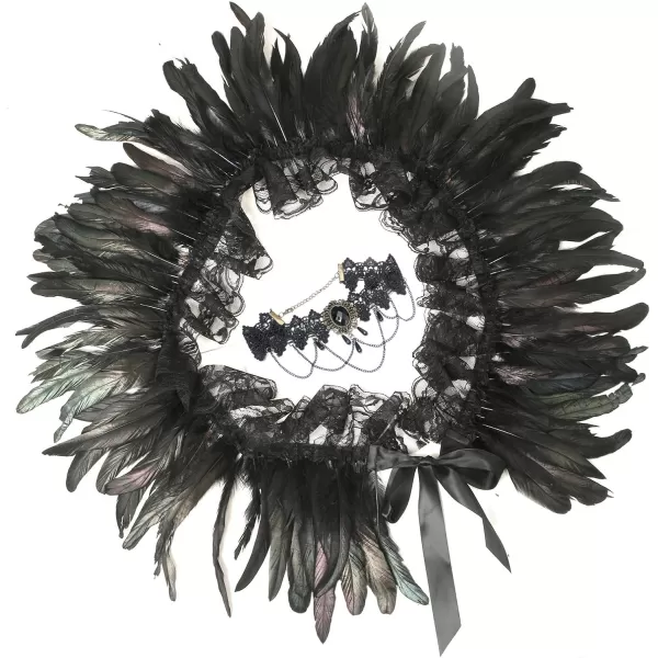 Charmian Gothic Feathers Shawl Halloween Cape Accessories with Red Rose NecklaceBlack