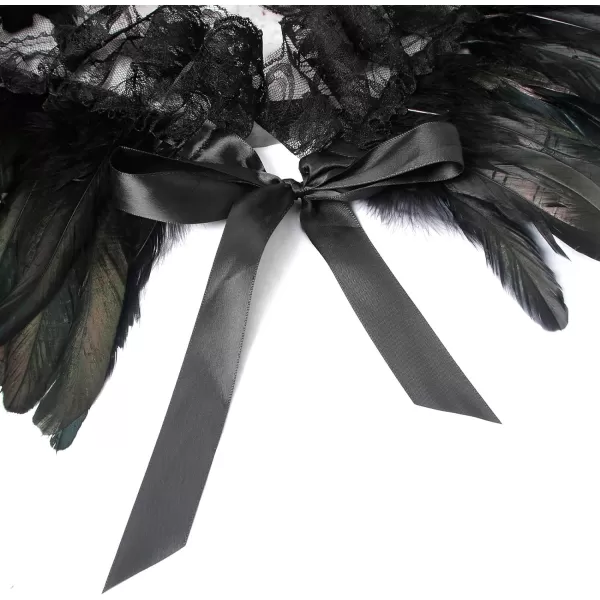 Charmian Gothic Feathers Shawl Halloween Cape Accessories with Red Rose NecklaceBlack