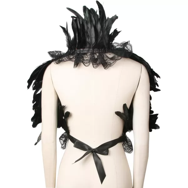 Charmian Gothic Feathers Shawl Halloween Cape Accessories with Red Rose NecklaceBlack