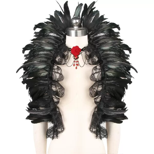 Charmian Gothic Feathers Shawl Halloween Cape Accessories with Red Rose NecklaceBlackRed Rose Necklace