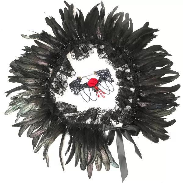 Charmian Gothic Feathers Shawl Halloween Cape Accessories with Red Rose NecklaceBlackRed Rose Necklace