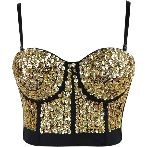 Charmian Womens Burlesque Fashion Beaded Sequins Push Up Crop Top Bustier BraGold