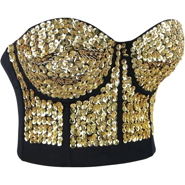 Charmian Womens Burlesque Fashion Beaded Sequins Push Up Crop Top Bustier BraGold