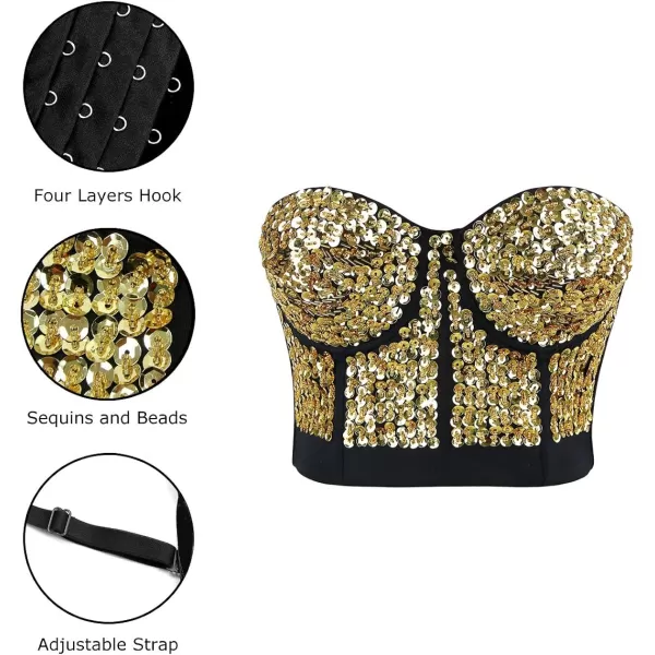 Charmian Womens Burlesque Fashion Beaded Sequins Push Up Crop Top Bustier BraGold