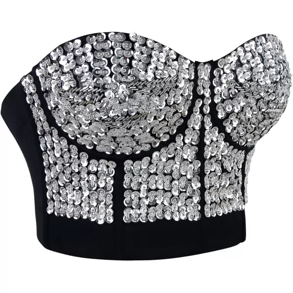 Charmian Womens Burlesque Fashion Beaded Sequins Push Up Crop Top Bustier BraSilver