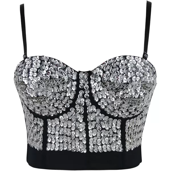 Charmian Womens Burlesque Fashion Beaded Sequins Push Up Crop Top Bustier BraSilver