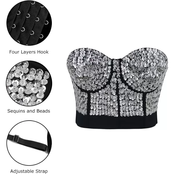 Charmian Womens Burlesque Fashion Beaded Sequins Push Up Crop Top Bustier BraSilver