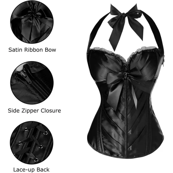 Charmian Womens Burlesque Vintage Satin Halter Boned Zipper Bustier Corset TopBlack