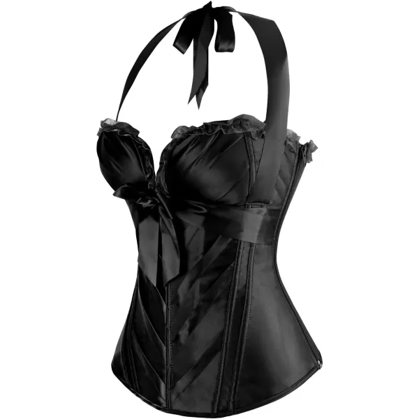 Charmian Womens Burlesque Vintage Satin Halter Boned Zipper Bustier Corset TopBlack