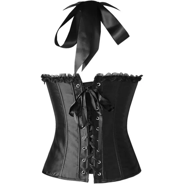 Charmian Womens Burlesque Vintage Satin Halter Boned Zipper Bustier Corset TopBlack