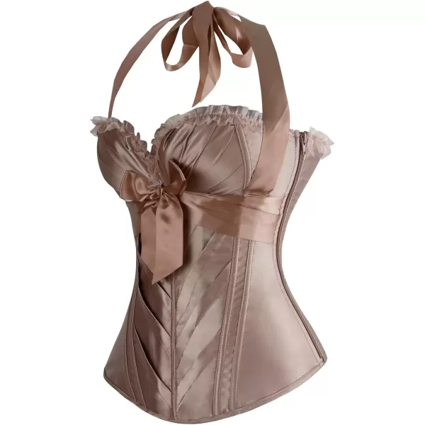 Charmian Womens Burlesque Vintage Satin Halter Boned Zipper Bustier Corset TopChampagne
