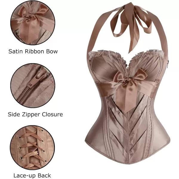Charmian Womens Burlesque Vintage Satin Halter Boned Zipper Bustier Corset TopChampagne