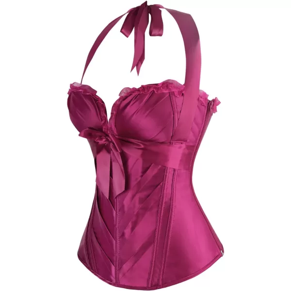 Charmian Womens Burlesque Vintage Satin Halter Boned Zipper Bustier Corset TopPurple
