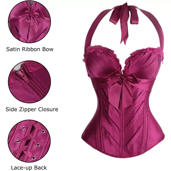 Charmian Womens Burlesque Vintage Satin Halter Boned Zipper Bustier Corset TopPurple