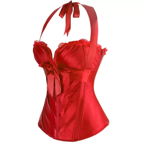 Charmian Womens Burlesque Vintage Satin Halter Boned Zipper Bustier Corset TopRed