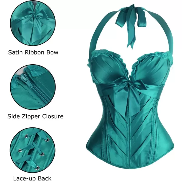 Charmian Womens Burlesque Vintage Satin Halter Boned Zipper Bustier Corset TopTurquoise