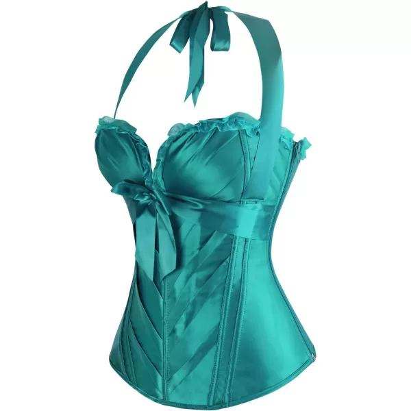 Charmian Womens Burlesque Vintage Satin Halter Boned Zipper Bustier Corset TopTurquoise