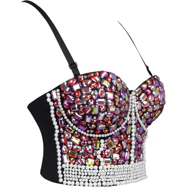 Charmian Womens Colorful Rhinestone Beaded Push Up Clubwear Bustier Crop Top BraMulticolored