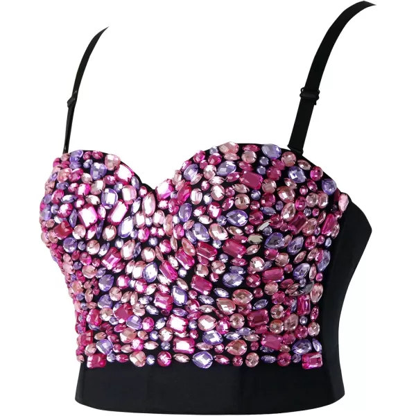 Charmian Womens Colorful Rhinestone Push Up Bra Clubwear Party Bustier Crop TopPink