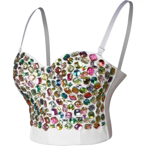 Charmian Womens Colorful Rhinestone Push Up Clubwear Bustier Crop Top BraMulticolorWhite