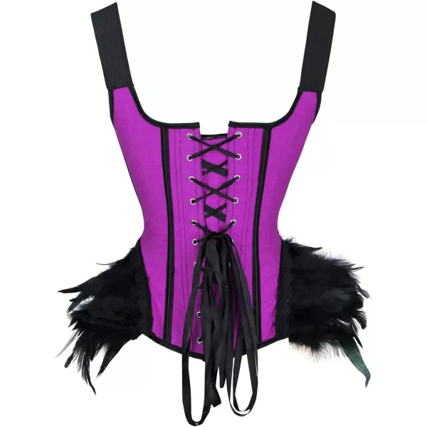 Charmian Womens Gothic Lace Up Boned Overbust Bustier Corset Top with FeatherPurple