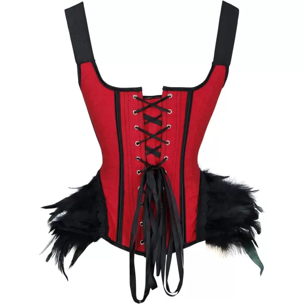 Charmian Womens Gothic Lace Up Boned Overbust Bustier Corset Top with FeatherRed