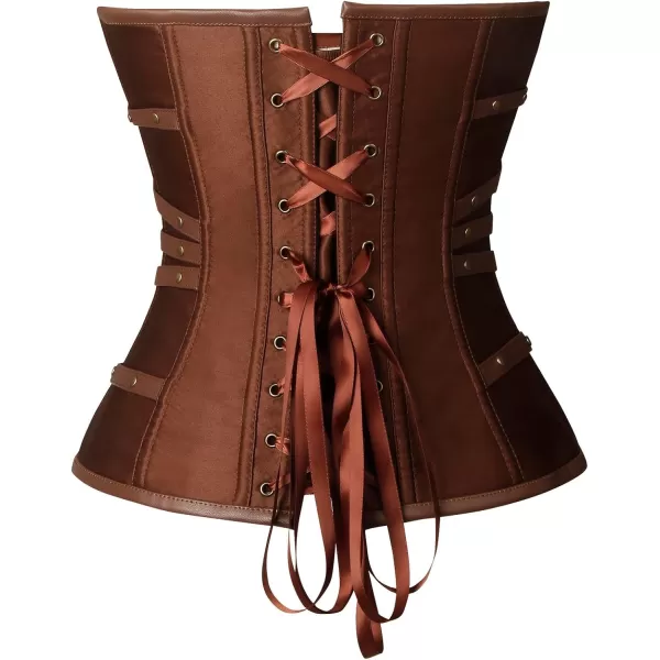 Charmian Womens Gothic Punk Satin Boned Zipper Overbust Corset Top with BucklesBrown